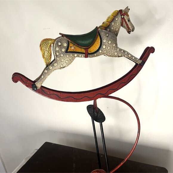 Vintage Painted Metal Rocking Horse Kinetic Sculpture With Red Base & Decorative - Picture 4 of 7